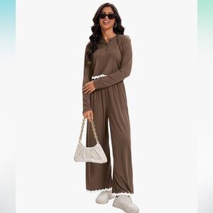 Women’s Onfers Two Piece Ribbed Sets - Half Button Hoodie With Wide Leg Pants MD